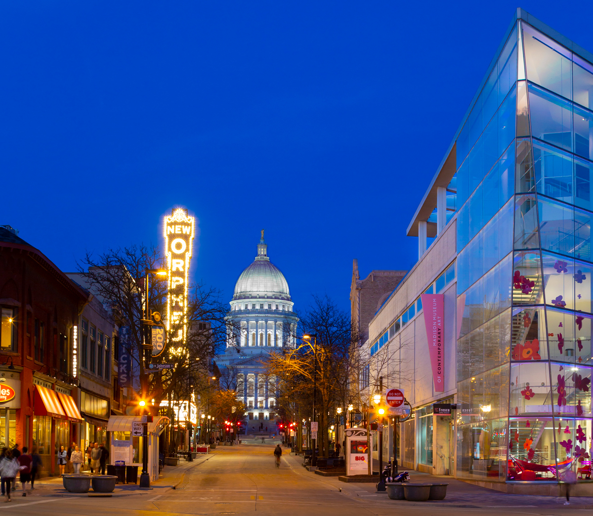 Madison Wisconsin capitol view at dusk from State Street