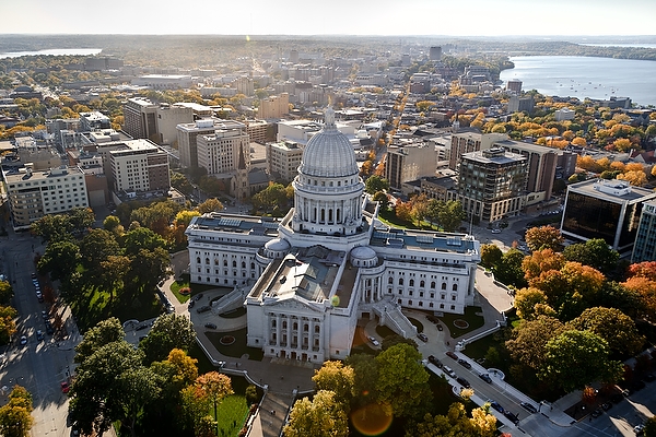 aerial photo of the state capitol building in downtown Madison