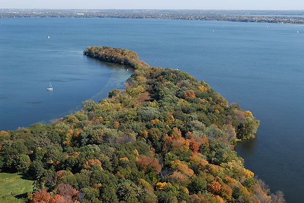 aerial photo of Picnic Point, an isthmus