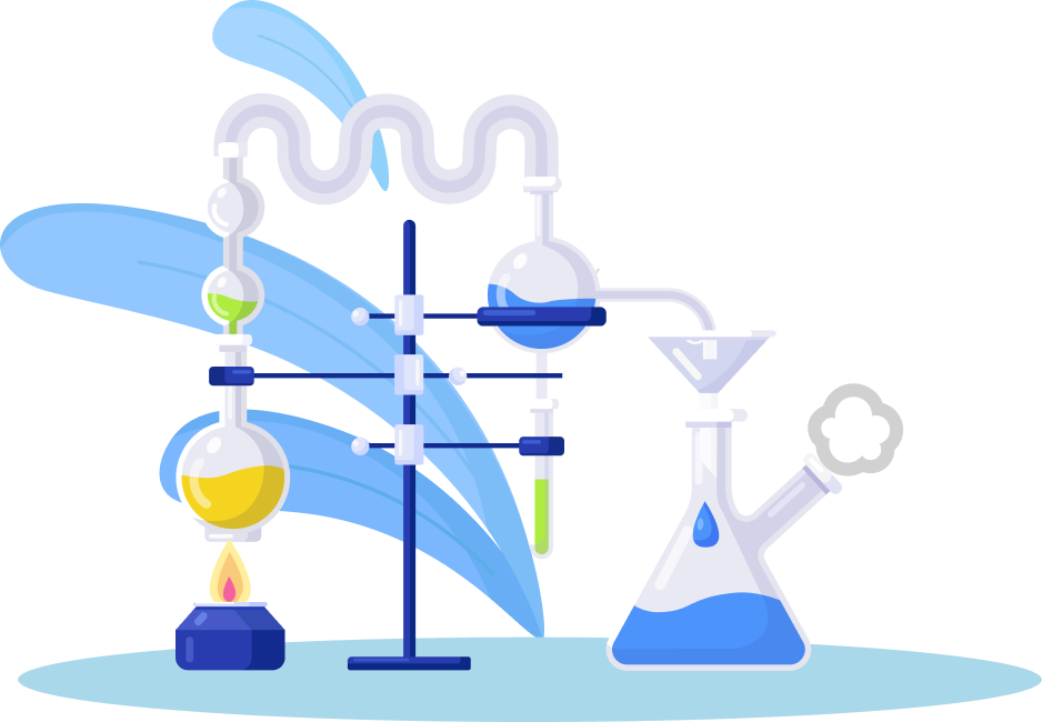 Illustration of a chemical experiment with flasks and burners